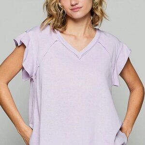 POL V-Neck Ruffle Sleeve Sweet "Tea" Tee - Lavendar